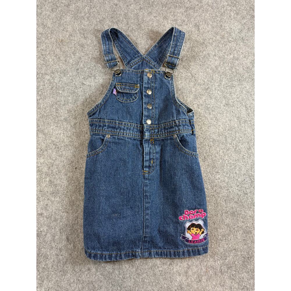 VINTAGE Y2K Dora The Explorer Overall Girls 4T Blue Denim Jumper Dress Nick Jr